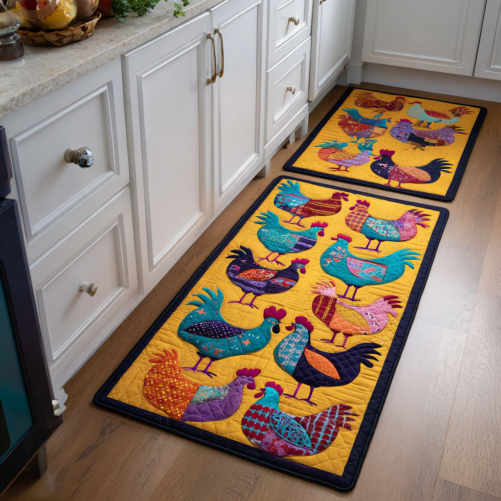Country Chicken Parade Quilted Kitchen Mat Set