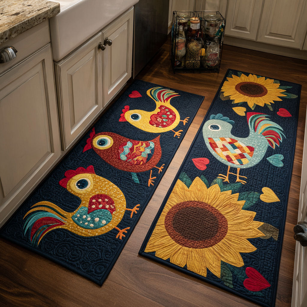Farmhouse Chickens and Sunflowers Quilted Kitchen Mat Set