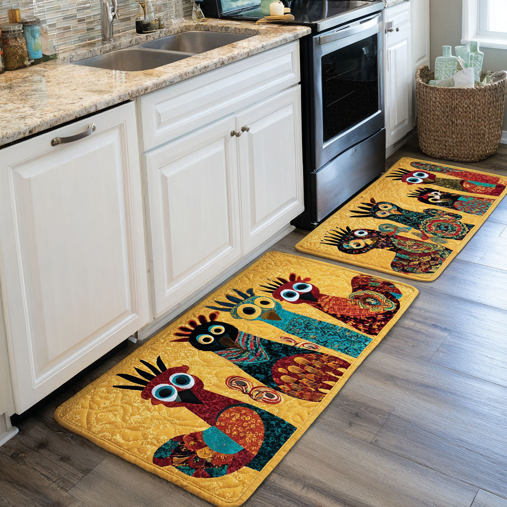 Wide-Eyed Farmhouse Chickens Quilted Kitchen Mat Set