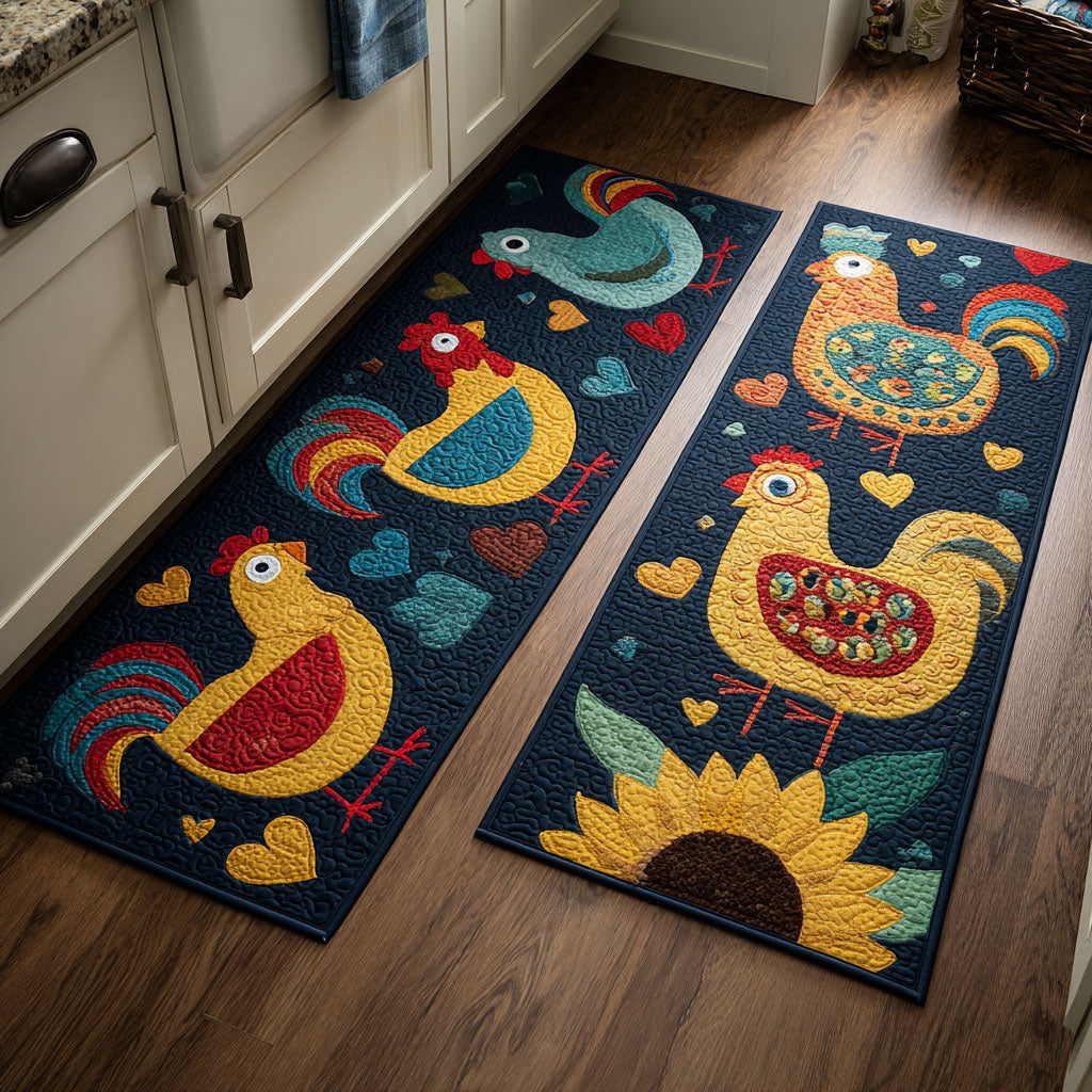 Country Chickens with Hearts Quilted Kitchen Mat Set