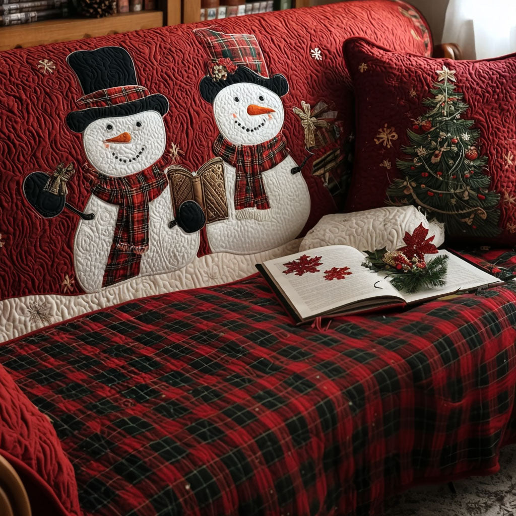 Snowmen with Red Checks Quilted Sofa Cover