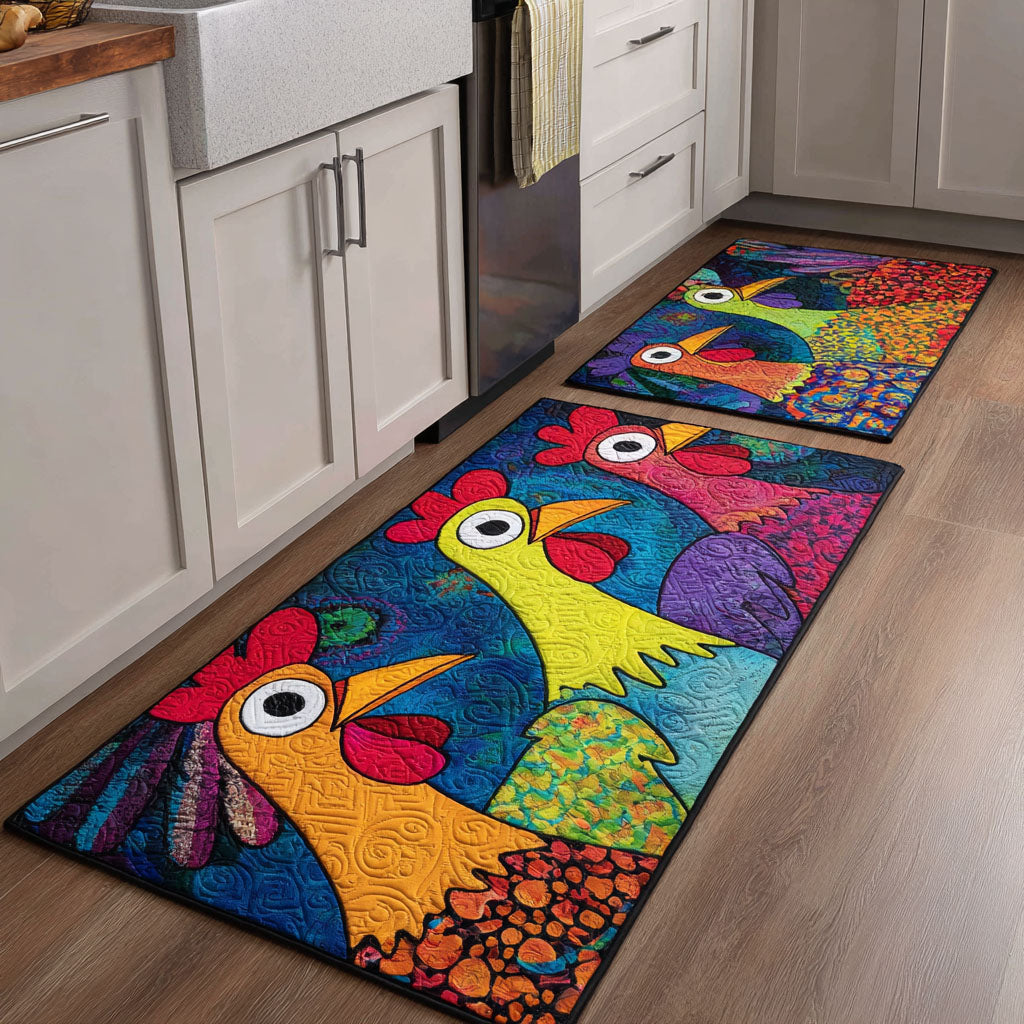 Country Rooster Portraits Quilted Kitchen Mat Set