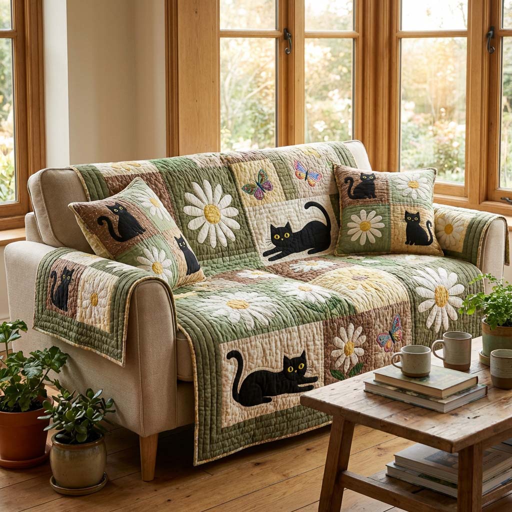 Cat and Flowers Quilted Sofa Cover