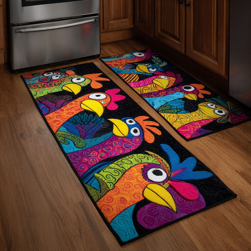 Colourful Rooster Faces Quilted Kitchen Mat Set