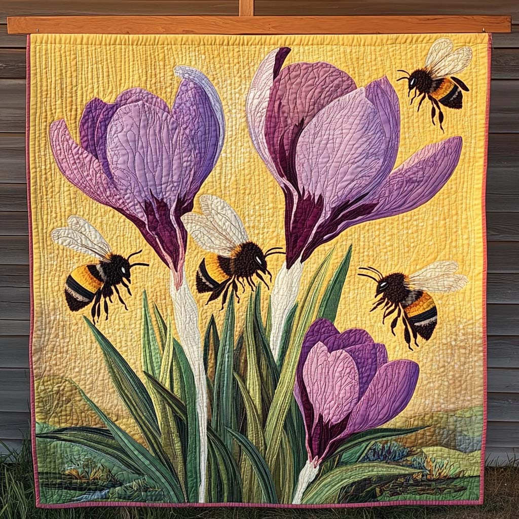 Bumblebees and Crocuses Quilted Wall Art