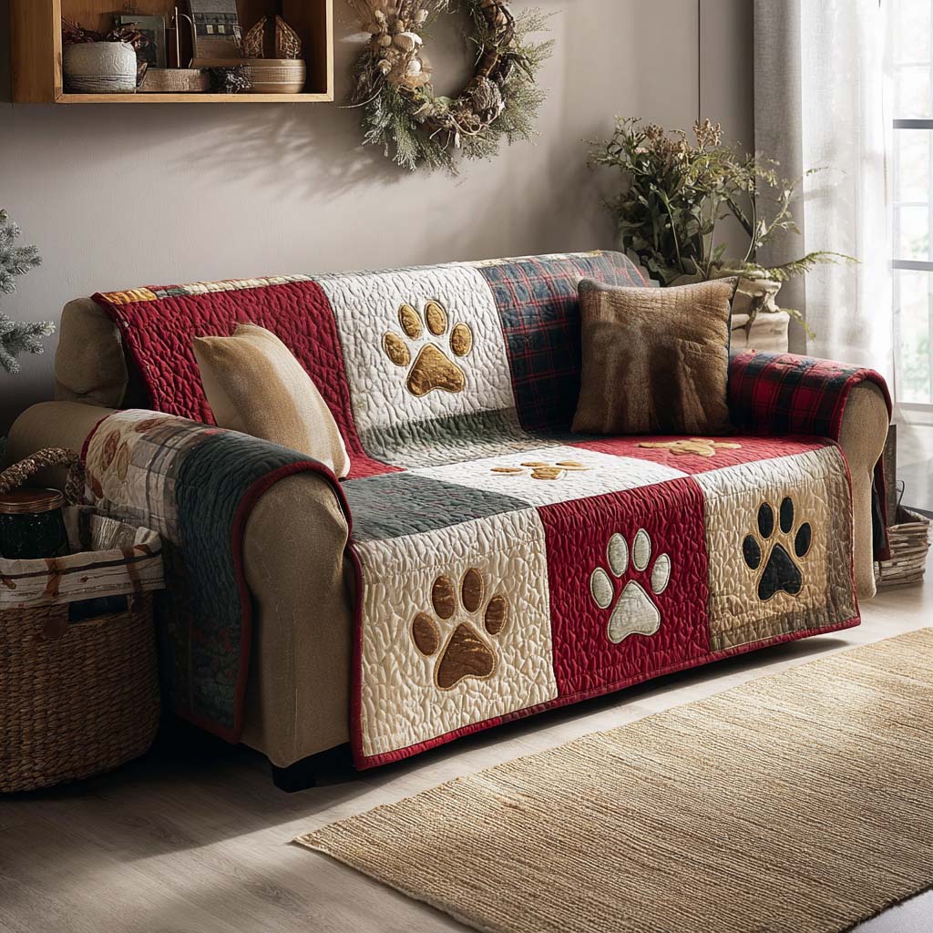 Fireside Christmas Paws Quilted Sofa Cover
