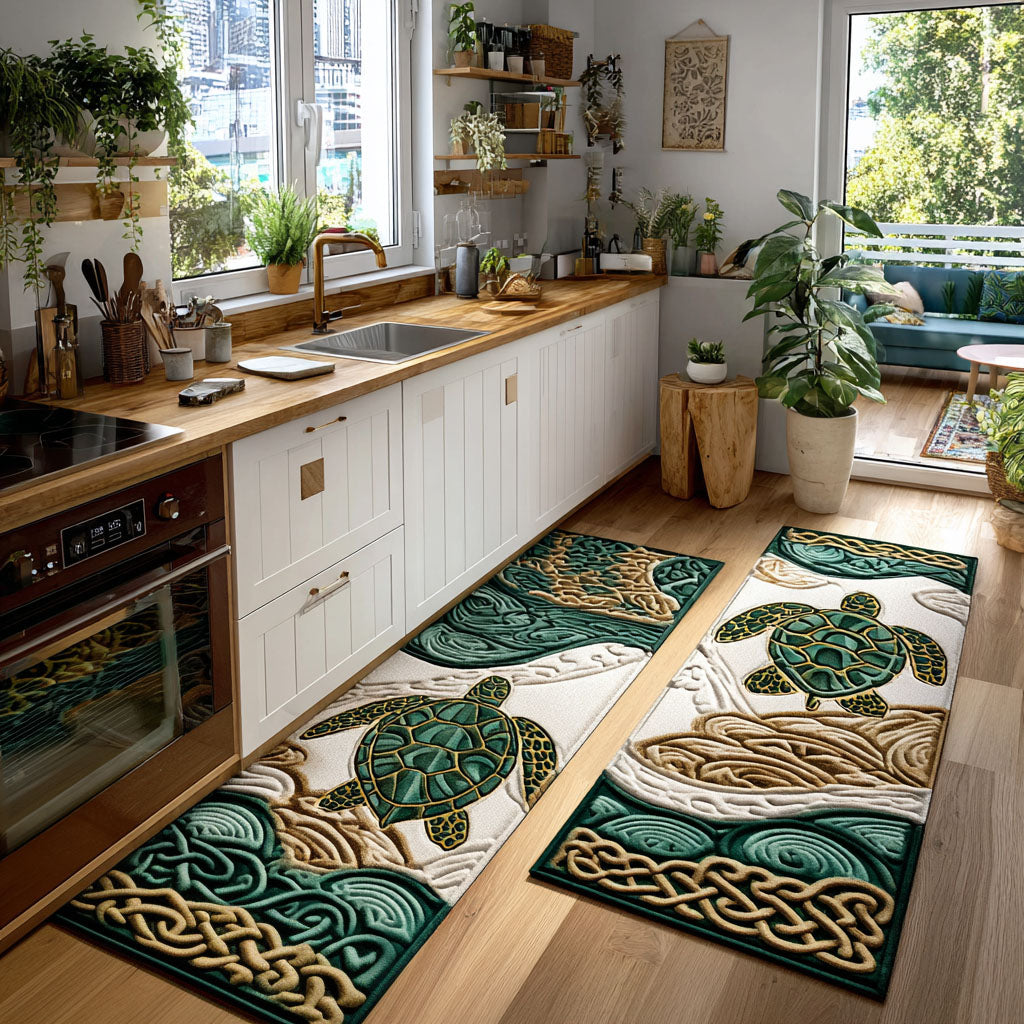 Golden Turtle Knots Quilted Kitchen Mat Set