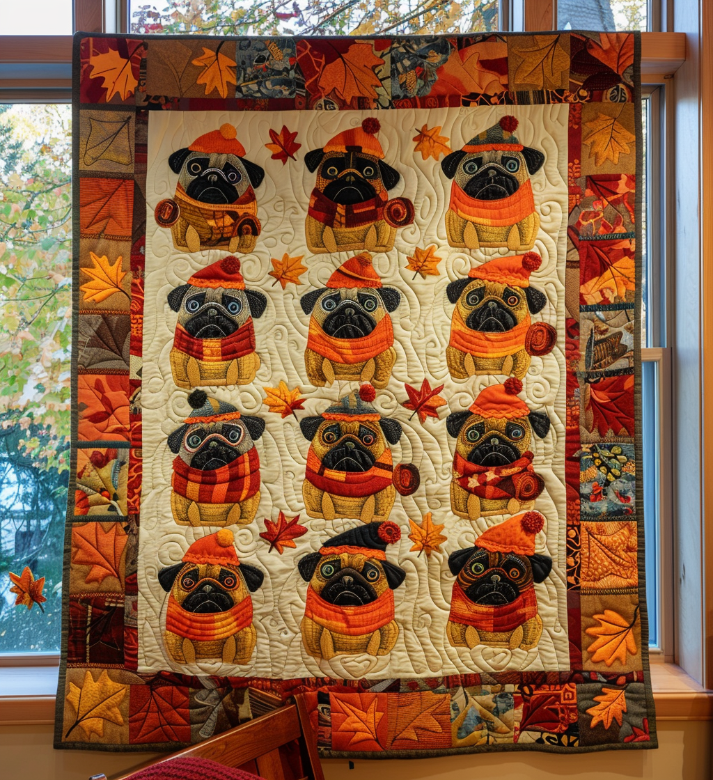Autumn Pugs Quilted Blanket