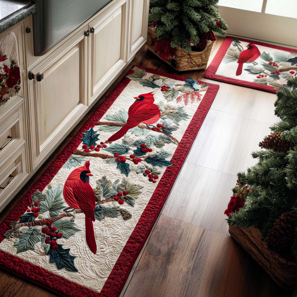 Holly Cardinals Quilted Kitchen Mat Set
