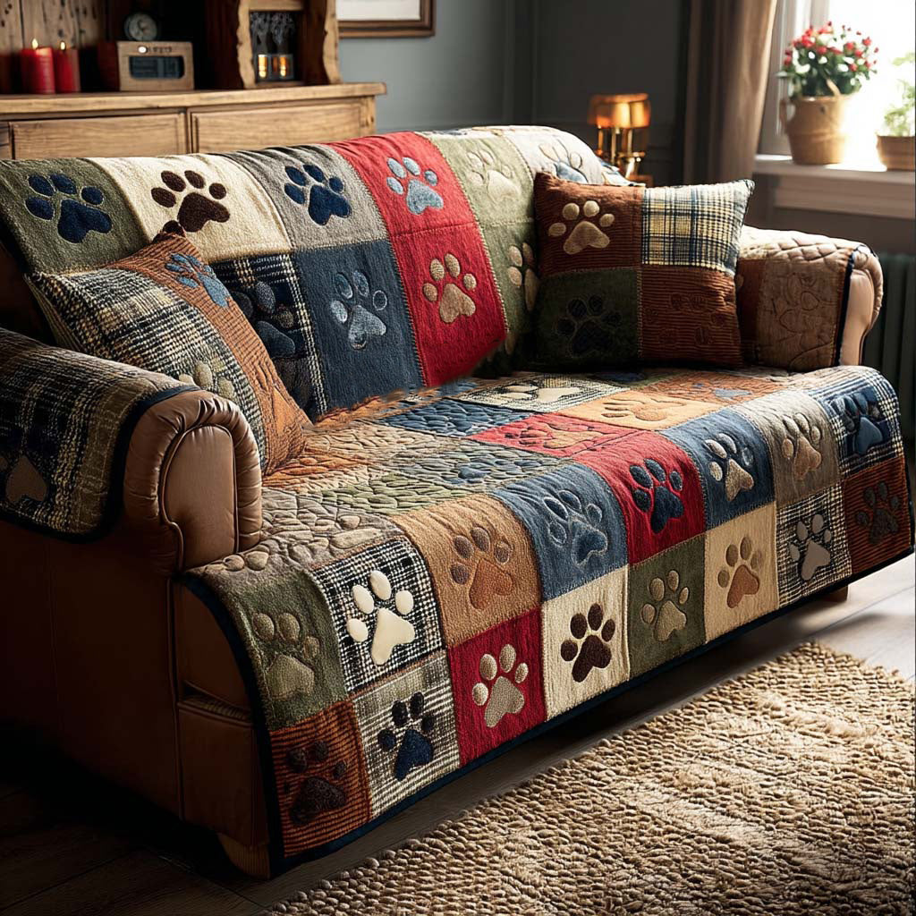 Cheerful Paw Prints Quilted Sofa Cover