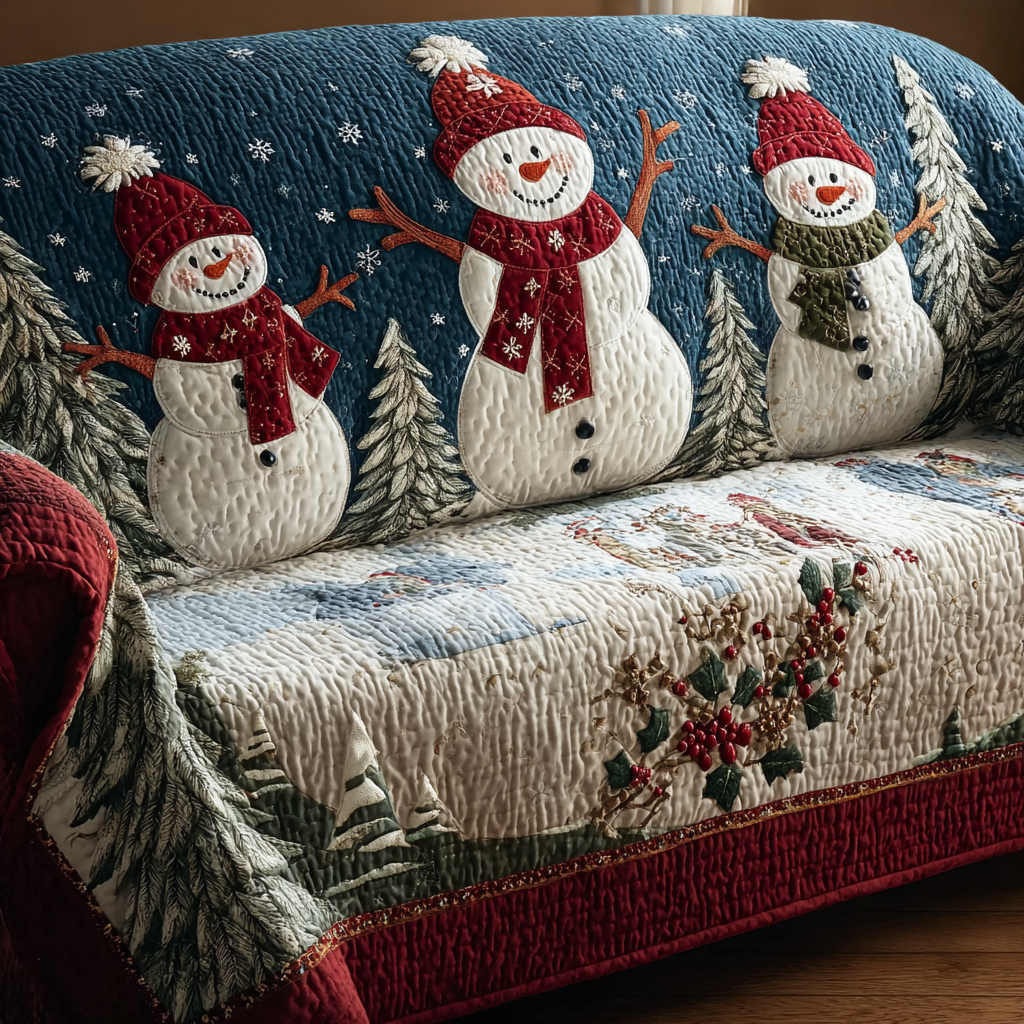 Smiling Snowmen in Red Quilted Sofa Cover