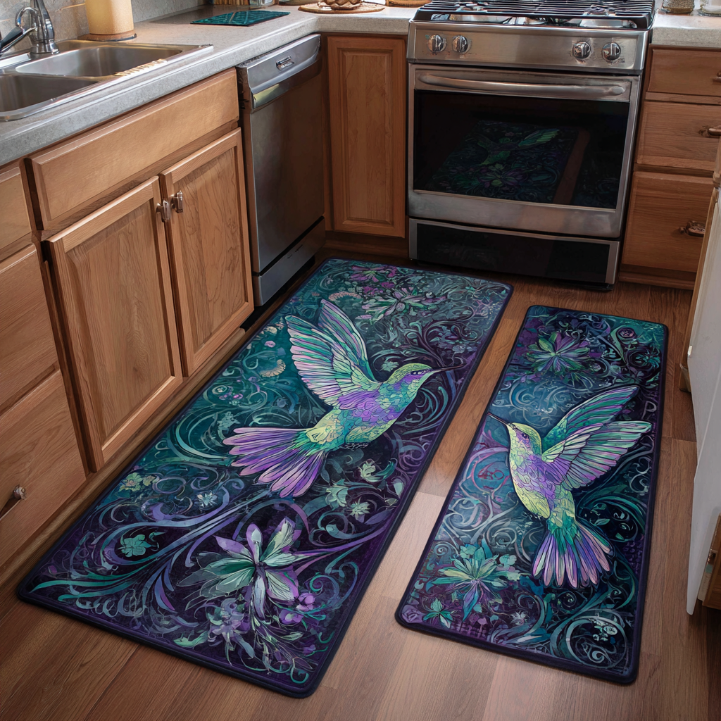 Violet Hummingbirds Quilted Kitchen Mat Set