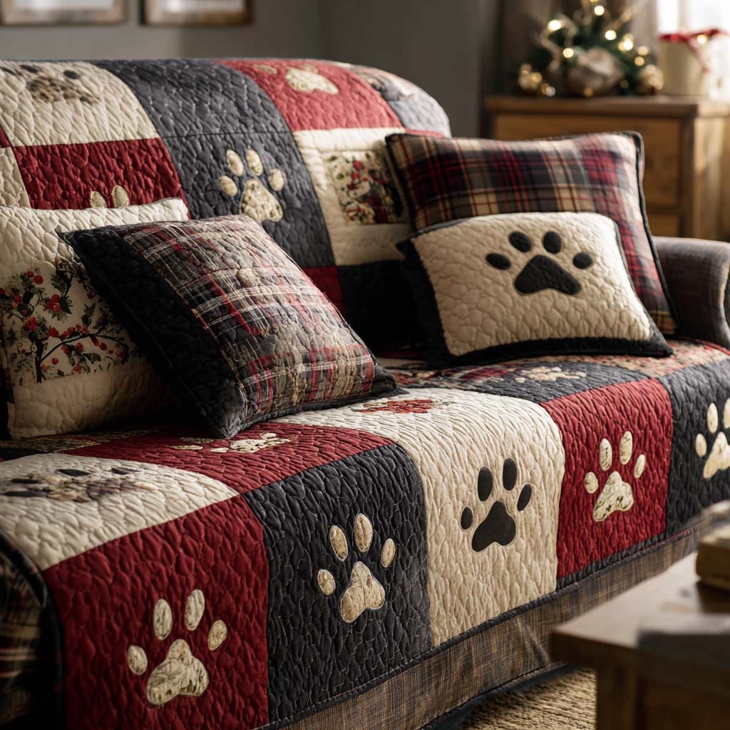 Midnight Christmas Paws Quilted Sofa Cover