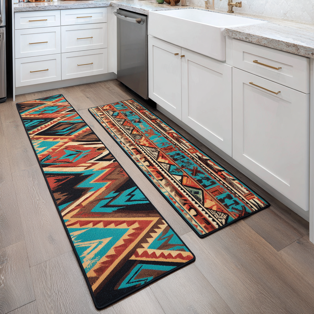 Turquoise and Rust Geometry Quilted Kitchen Mat Set