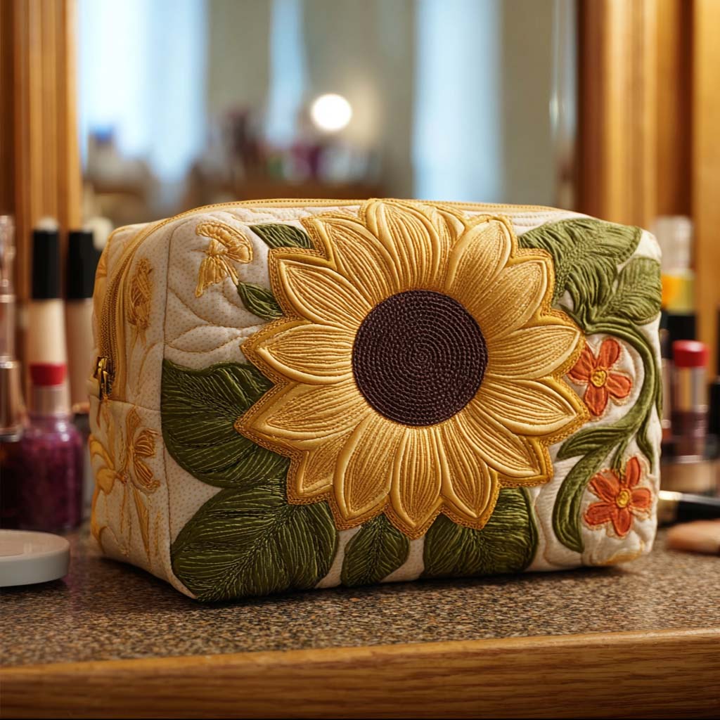 Golden Sunflower Bloom Quilted Toiletry Bag