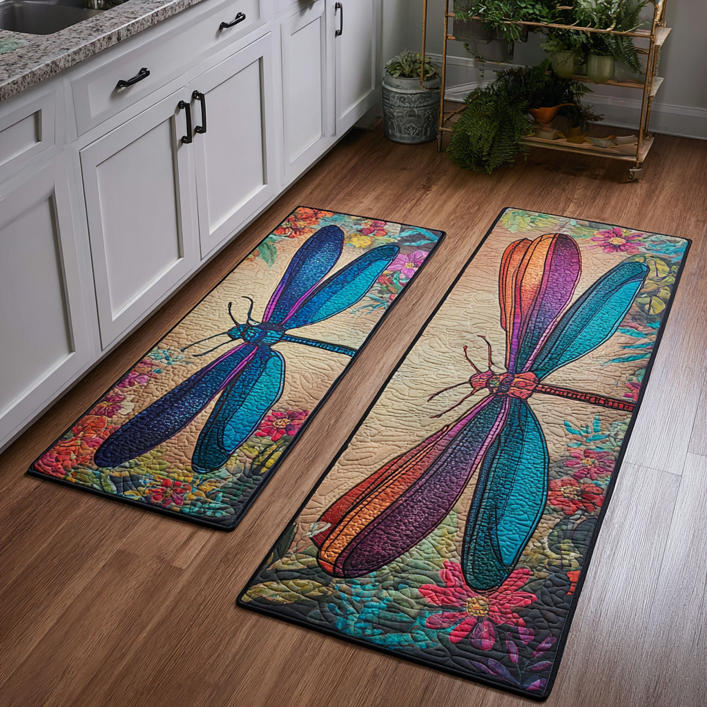 Rainbow Wing Dragonflies Quilted Kitchen Mat Set