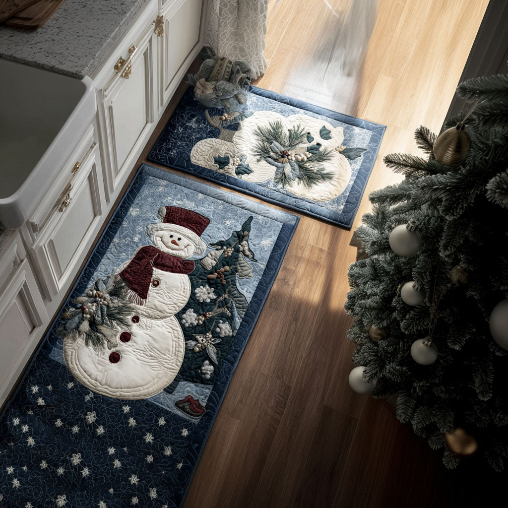 Frosted Pine Snowmen Quilted Kitchen Mat Set