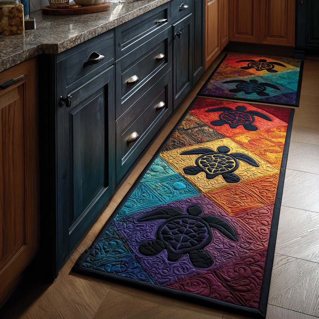 Rainbow Sea Turtle Silhouettes Quilted Kitchen Mat Set