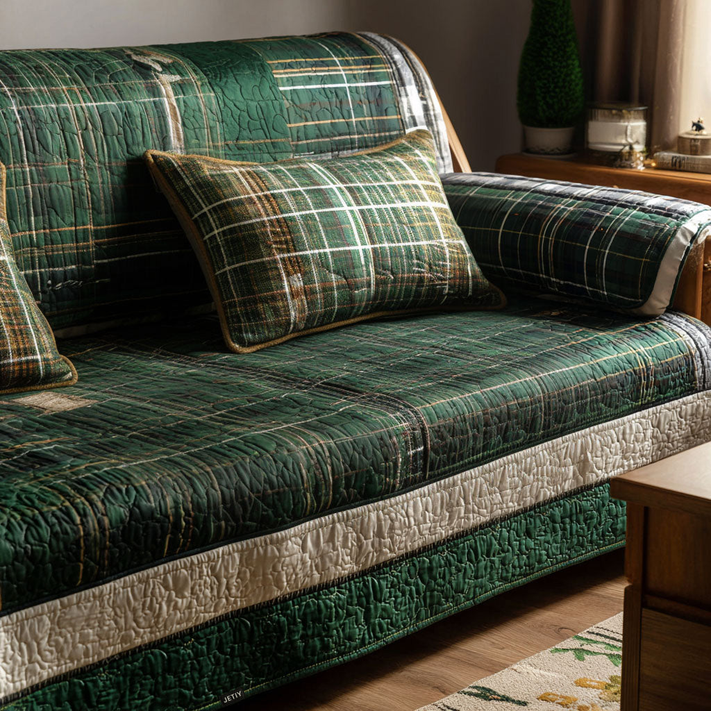 Warm Green Plaid Quilted Sofa Cover