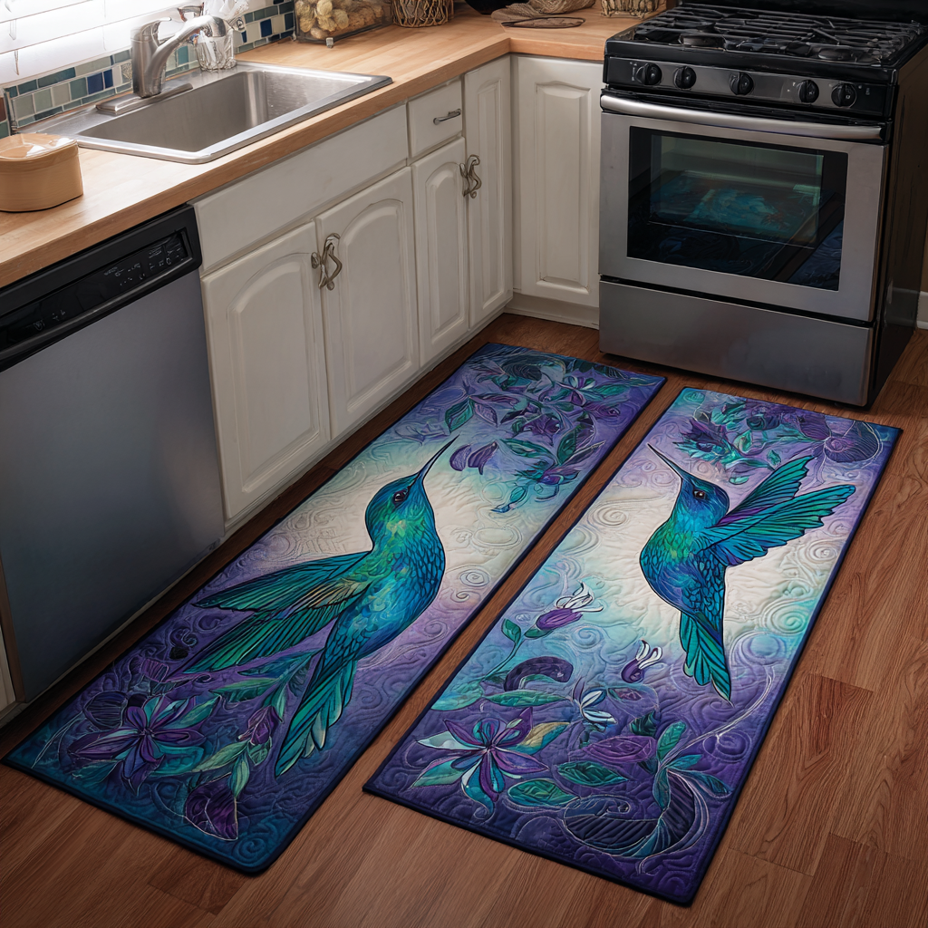 Hummingbirds with Purple Blossoms Quilted Kitchen Mat Set