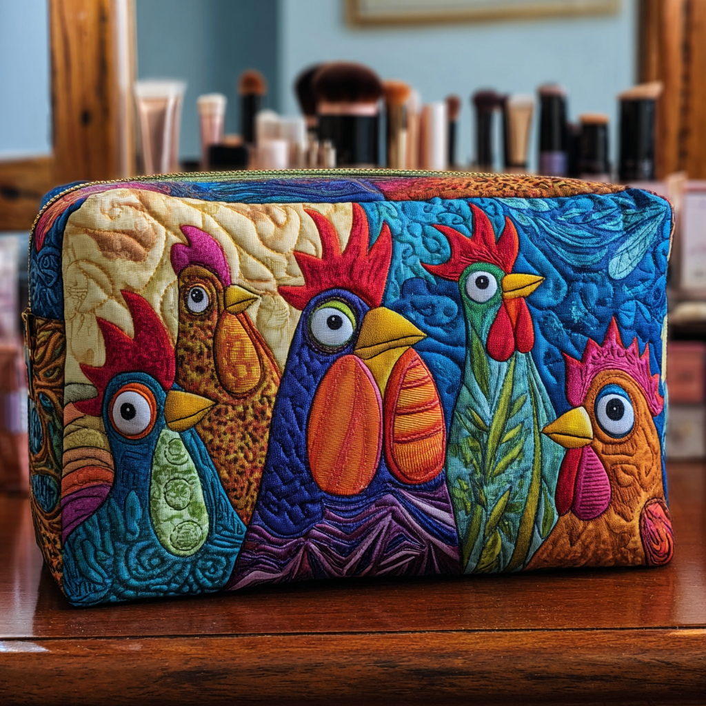Colourful Chicken Portraits Quilted Toiletry Bag