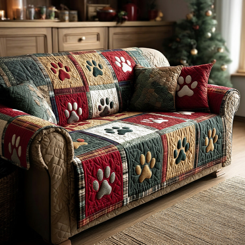 Golden Christmas Paws Quilted Sofa Cover