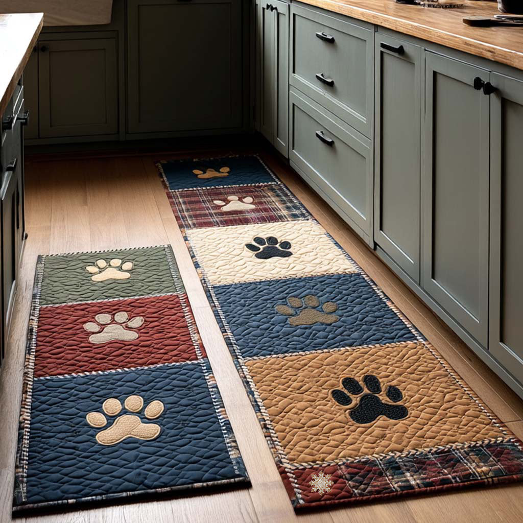 Blue Paw Plaid Quilted Kitchen Mat Set