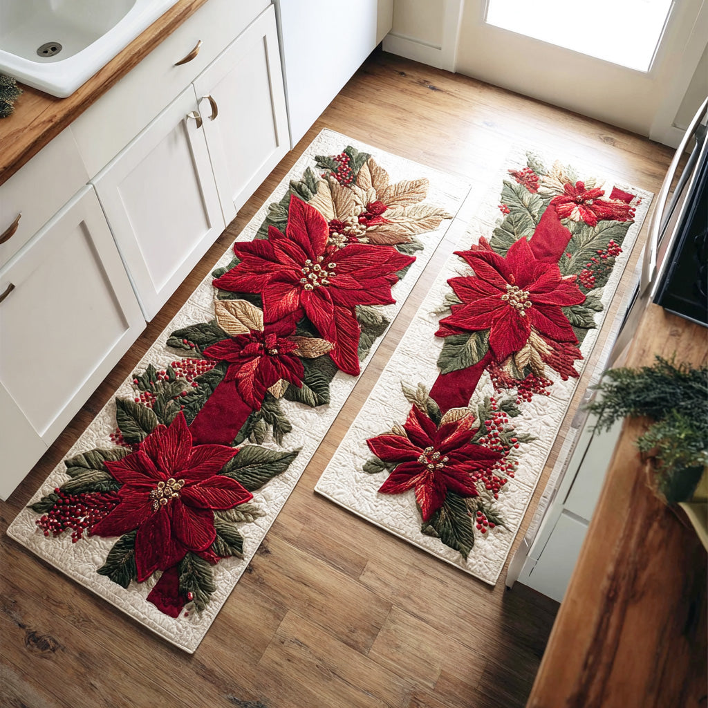 Scarlet Christmas Star Quilted Kitchen Mat Set