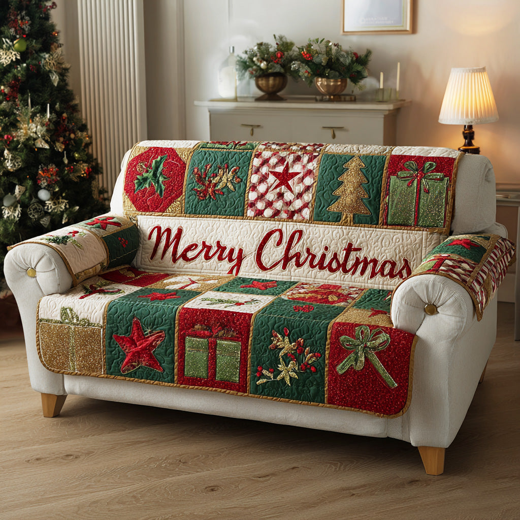 Merry Christmas Patchwork Quilted Sofa Cover