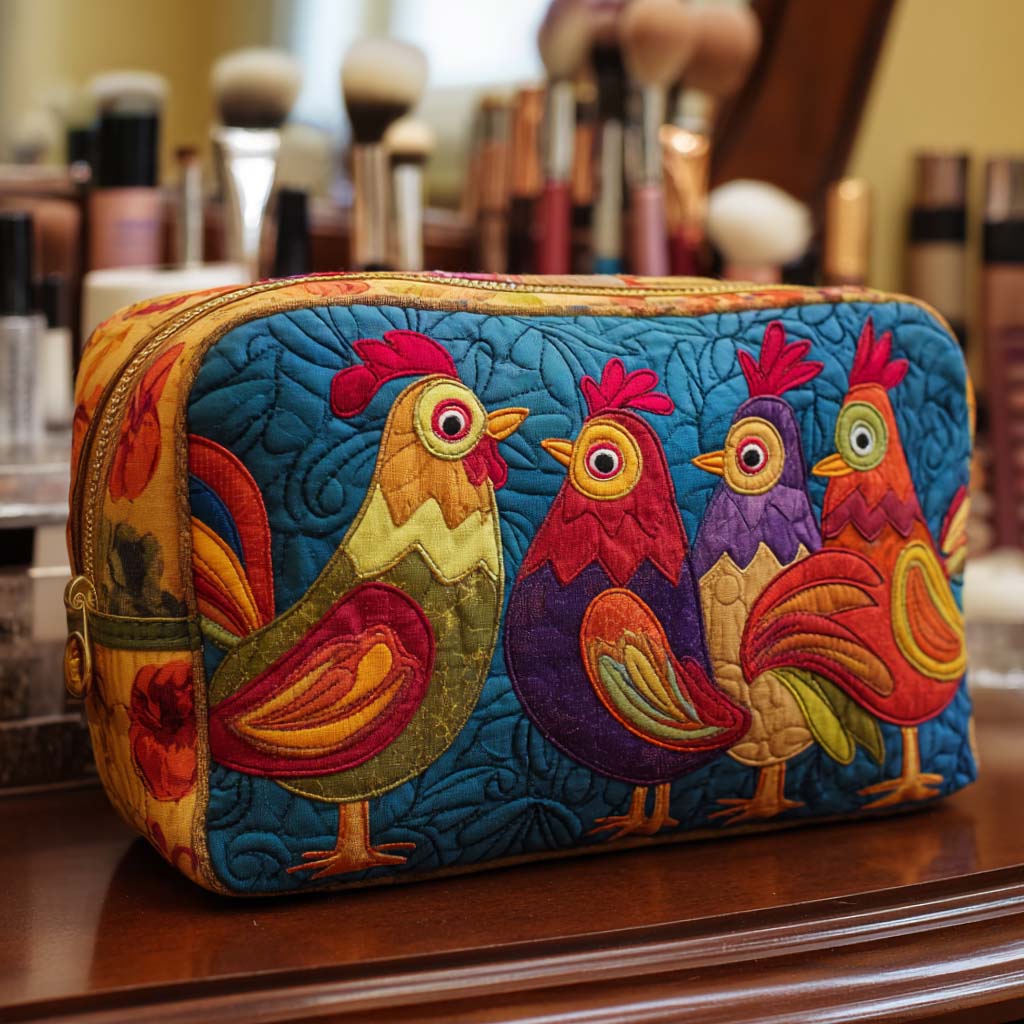 Bright Chickens on Blue Quilted Toiletry Bag