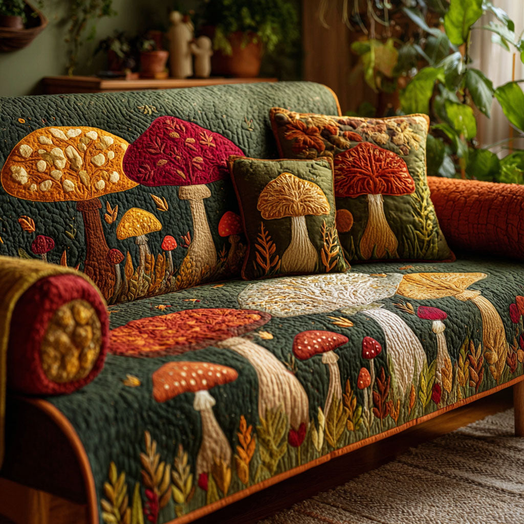Forest Mushrooms Quilted Sofa Cover