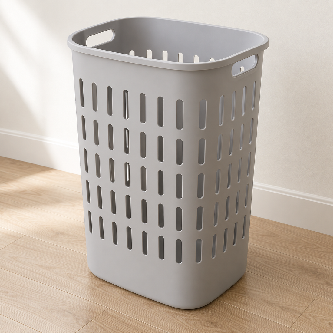 Illustrative example of an unbranded plain plastic laundry basket.