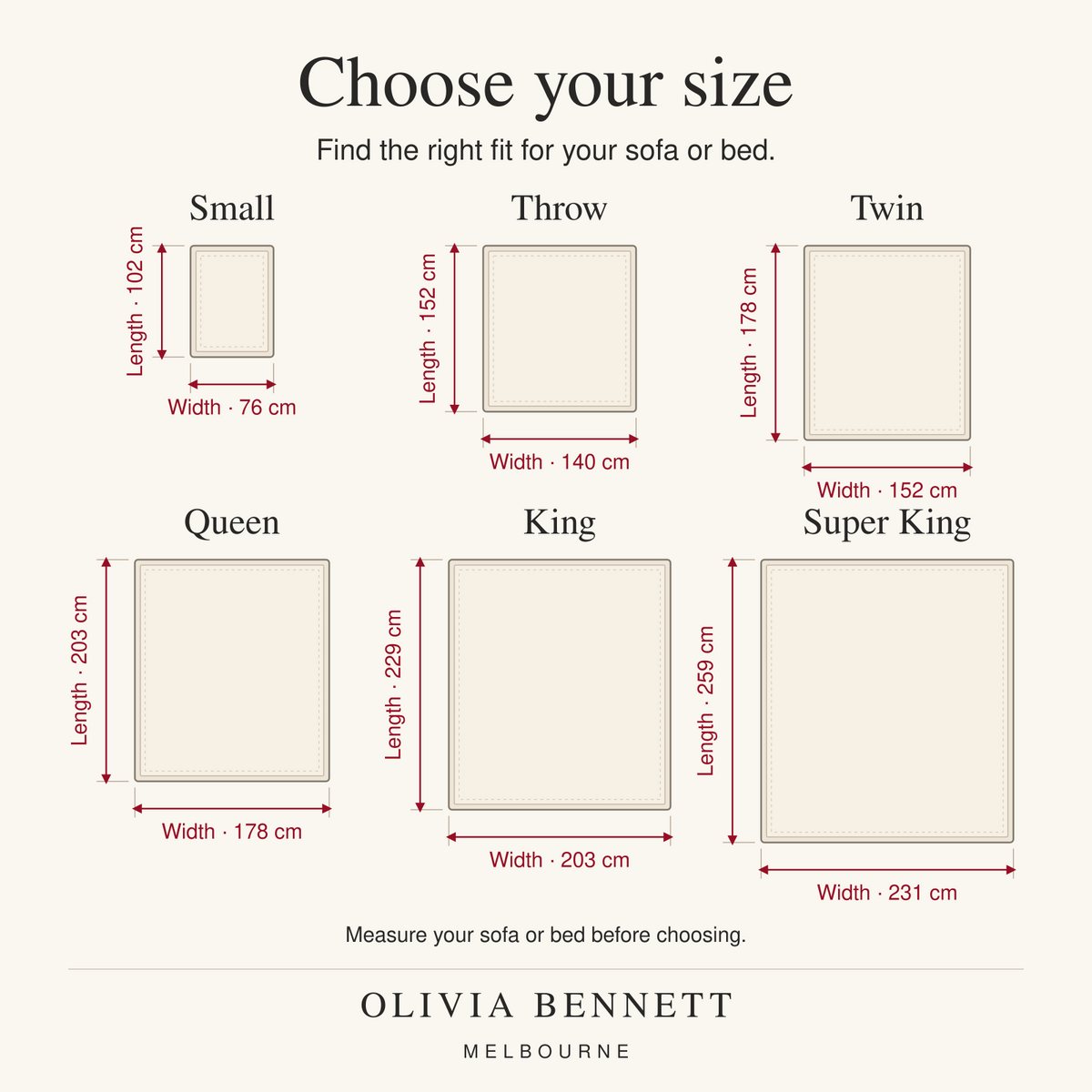 Olivia Bennett Melbourne blanket size guide: Small 76 x 102 cm, Throw 140 x 152 cm, Twin 152 x 178 cm, Queen 178 x 203 cm, King 203 x 229 cm, Super King 231 x 259 cm.
