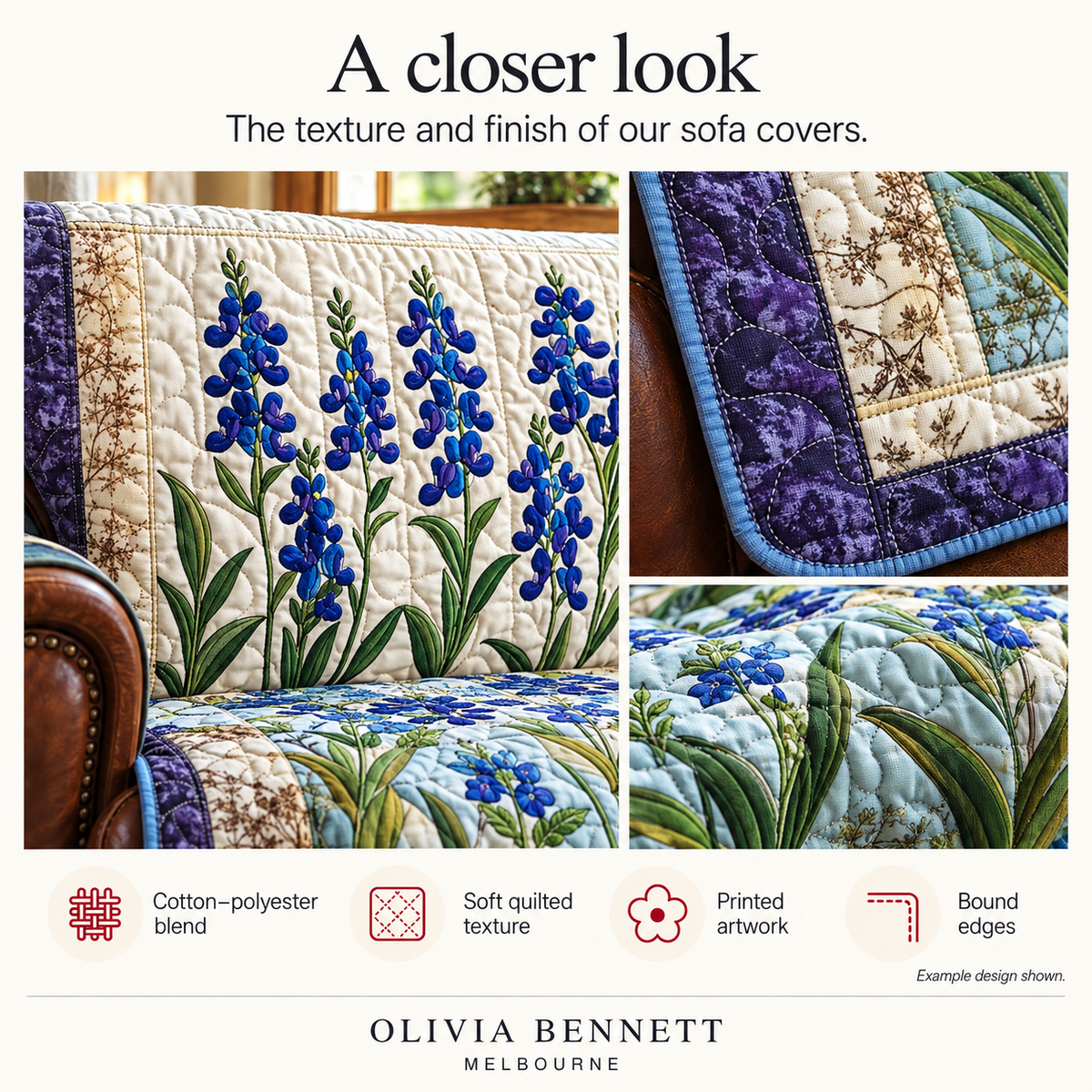 Quilted cotton-polyester fabric, printed artwork and bound edges. Blue Meadow Flowers shown as an example design.