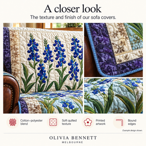 Quilted cotton-polyester fabric, printed artwork and bound edges. Blue Meadow Flowers shown as an example design.