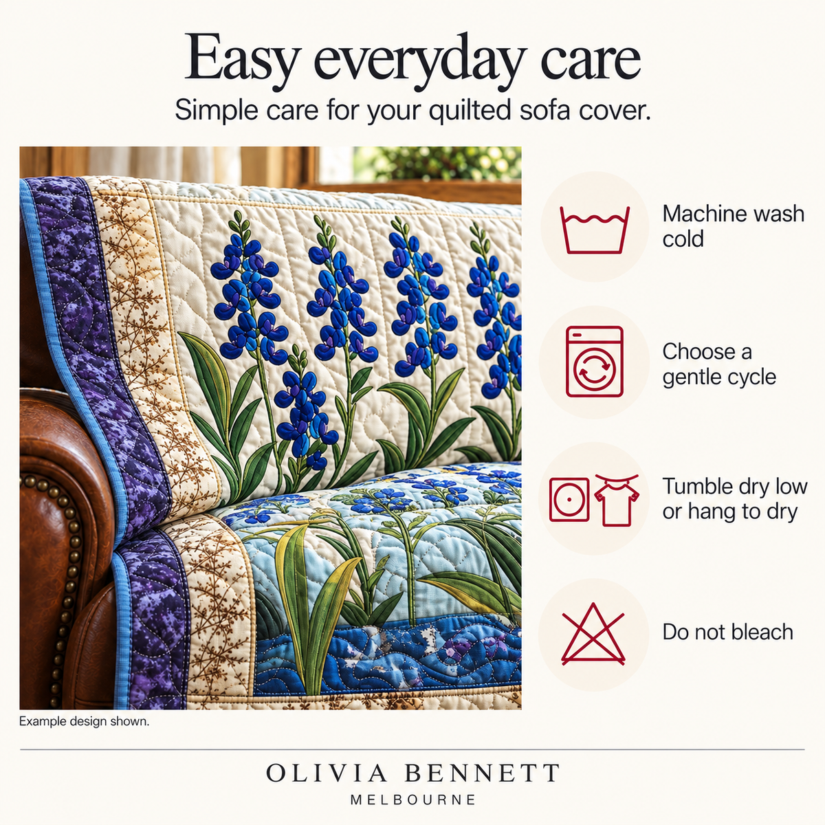 Sofa cover care: machine wash cold on a gentle cycle; tumble dry low or hang to dry; do not bleach. Example design shown.