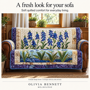 Blue Meadow Flowers sofa cover shown as an example in a living room. Coverage varies by sofa and selected size.