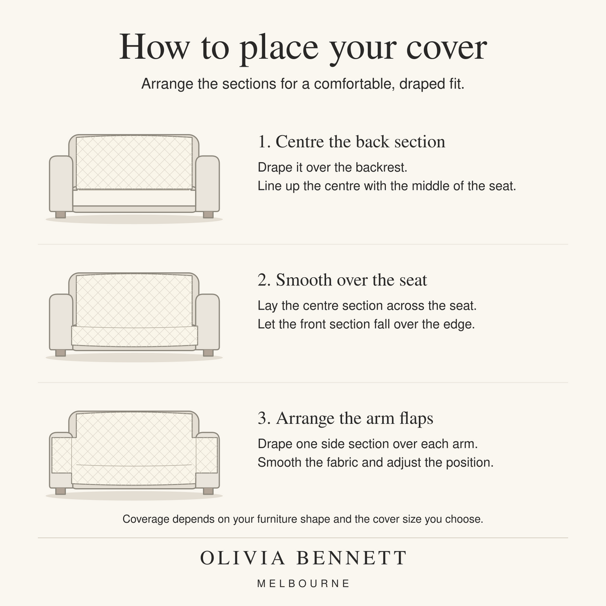 How to place your sofa cover: centre the back section, smooth the seat and arrange the arm flaps.