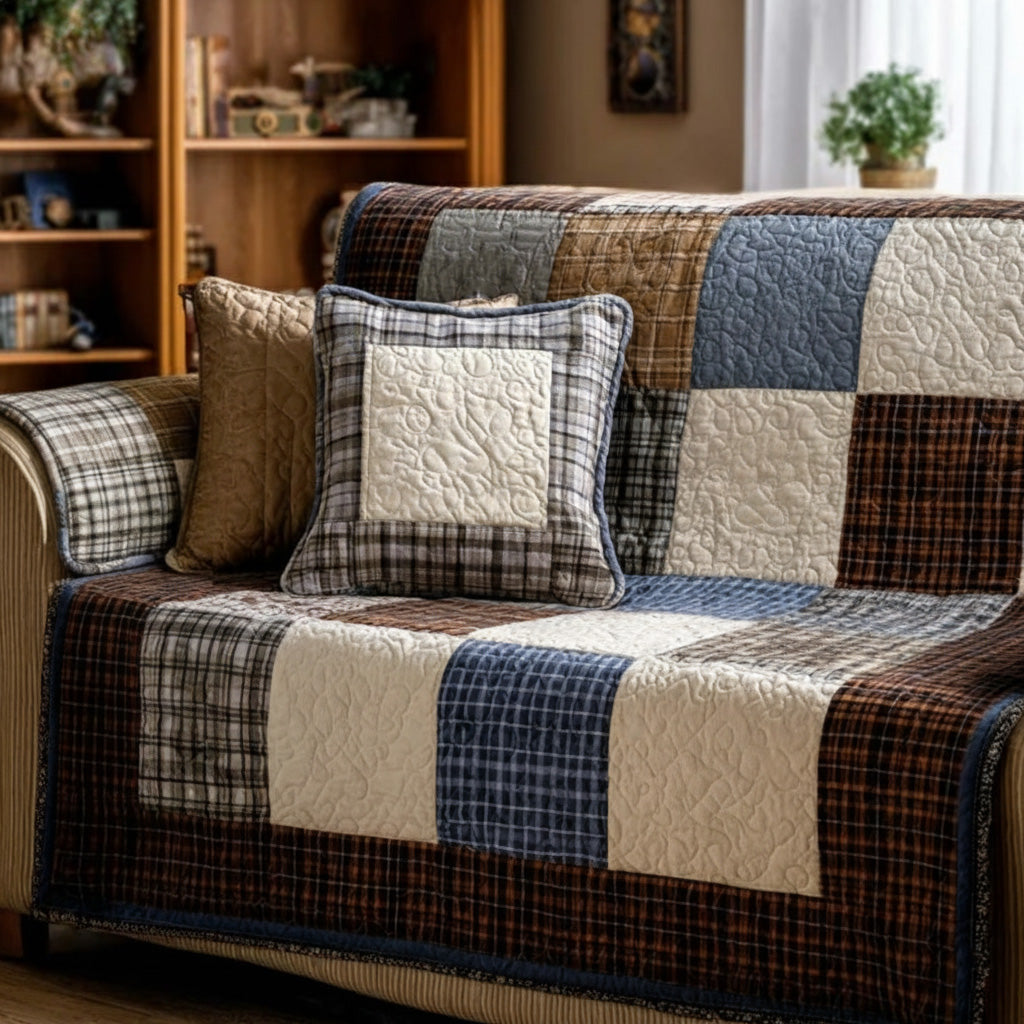 Country Blue Checks Quilted Sofa Cover