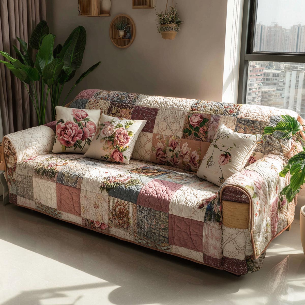 Rose Cottage Patchwork Quilted Sofa Cover