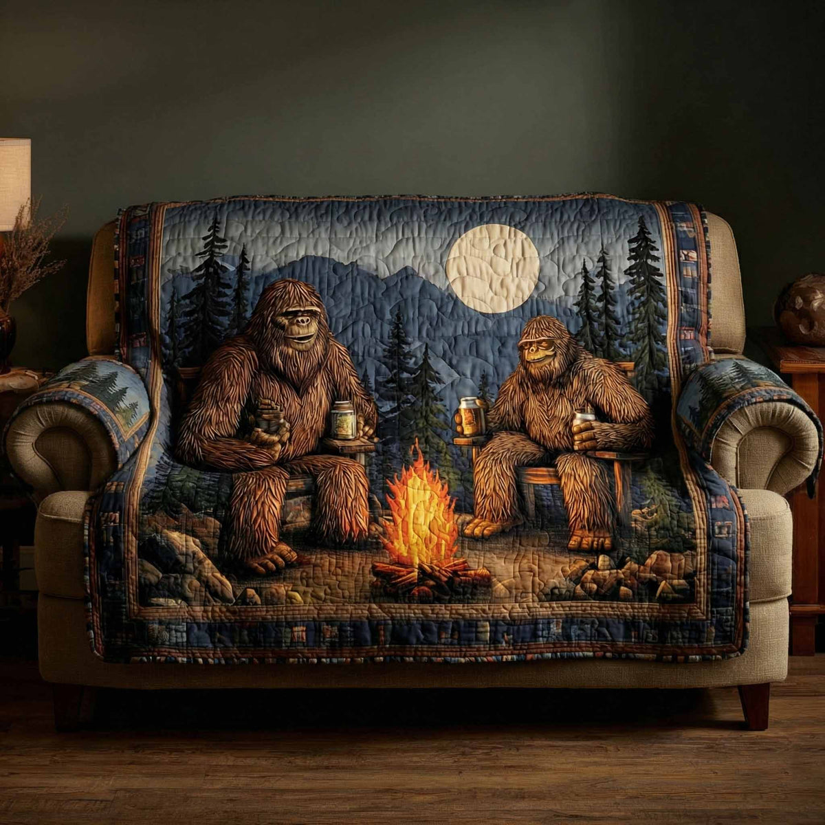 Moonlit Forest Campfire Quilted Sofa Cover