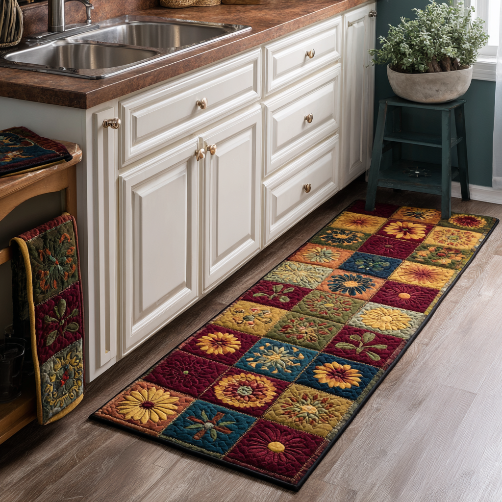 Meadow Flower Patchwork Quilted Kitchen Mat Set