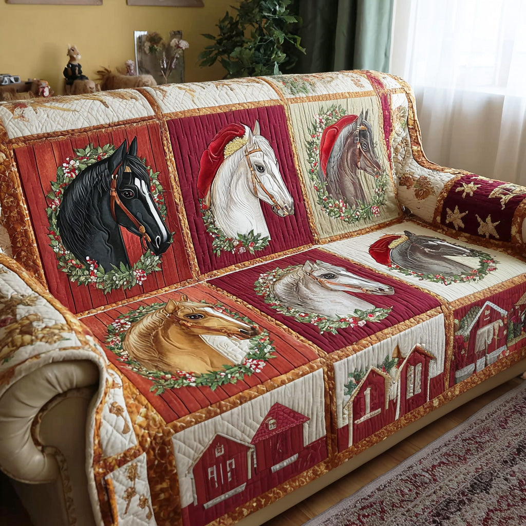 Country Christmas Horses Quilted Sofa Cover
