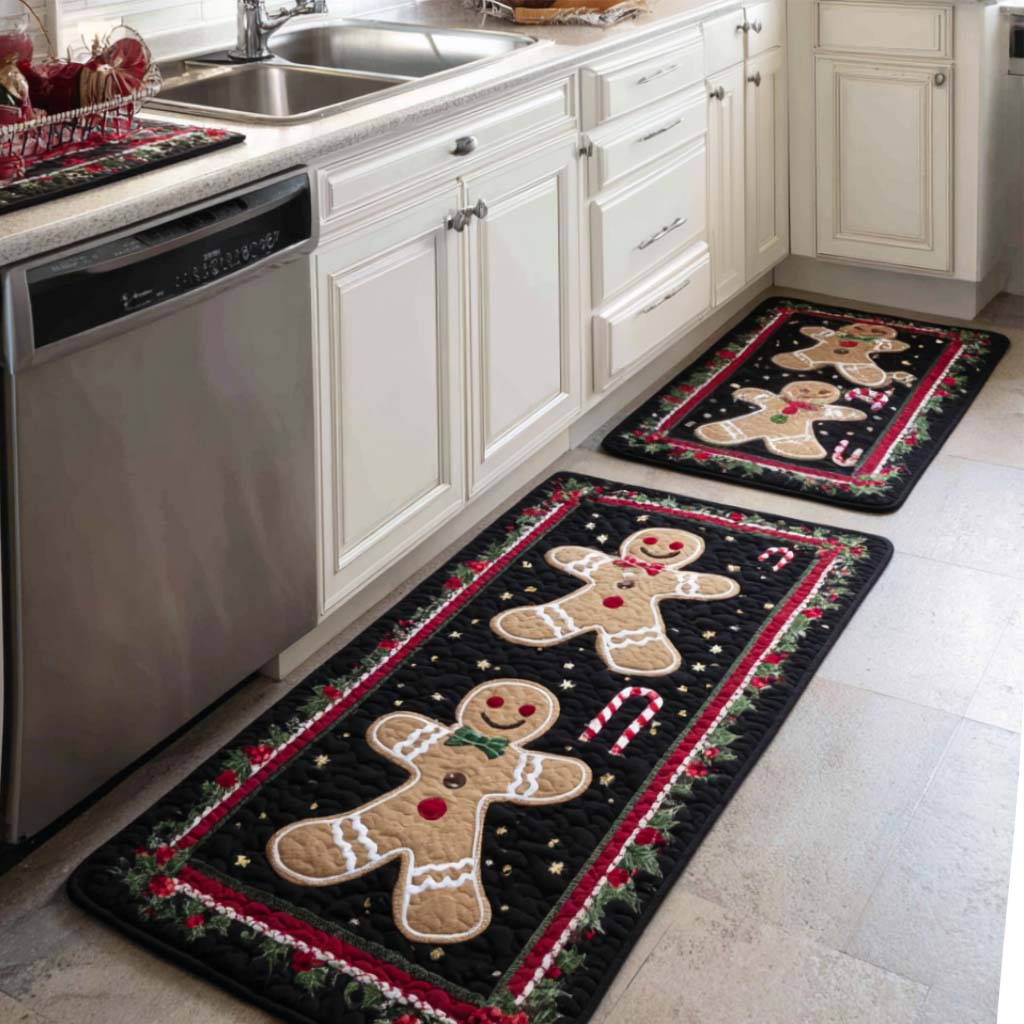 Gingerbread Winter Quilted Kitchen Mat Set