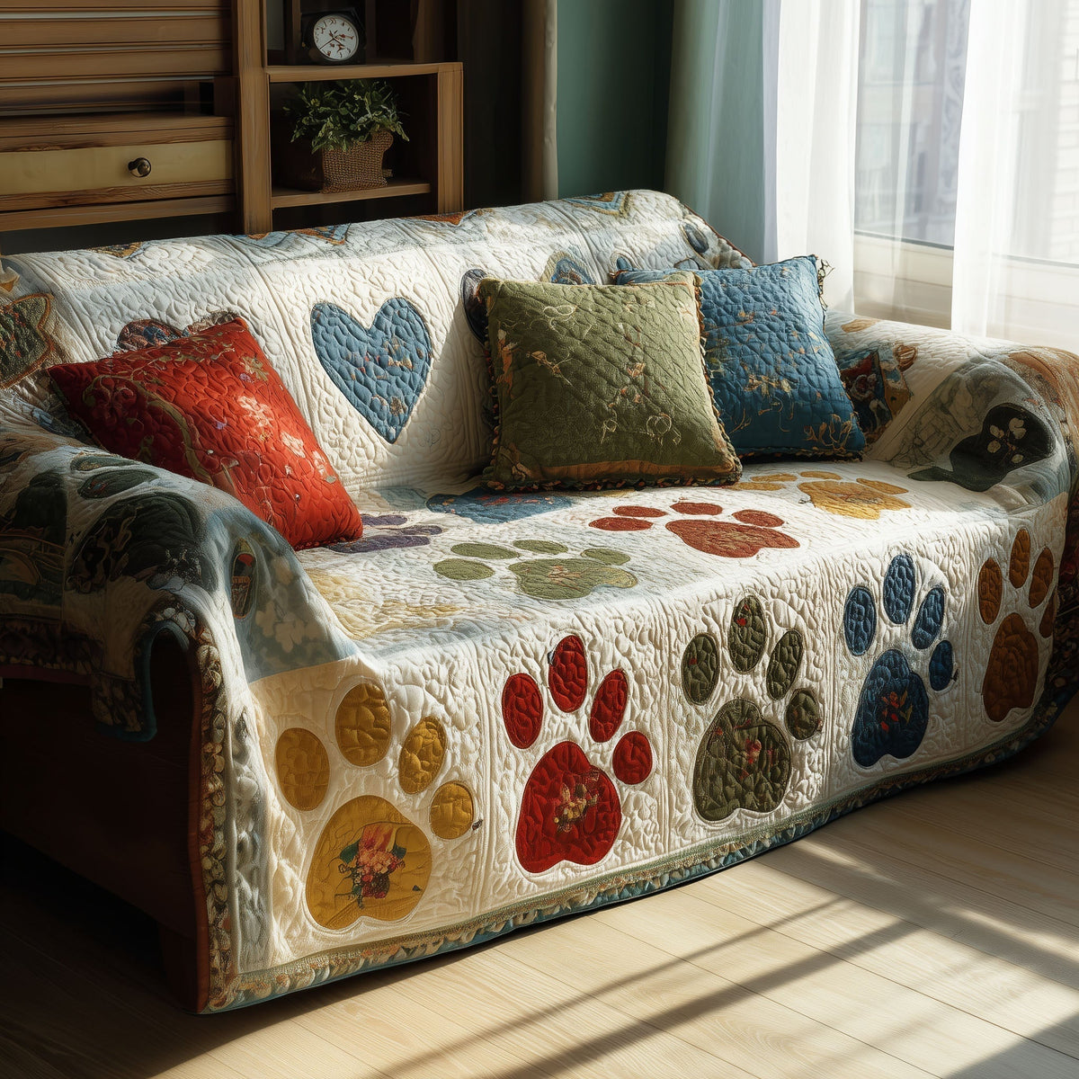Colourful Paws and Hearts Quilted Sofa Cover