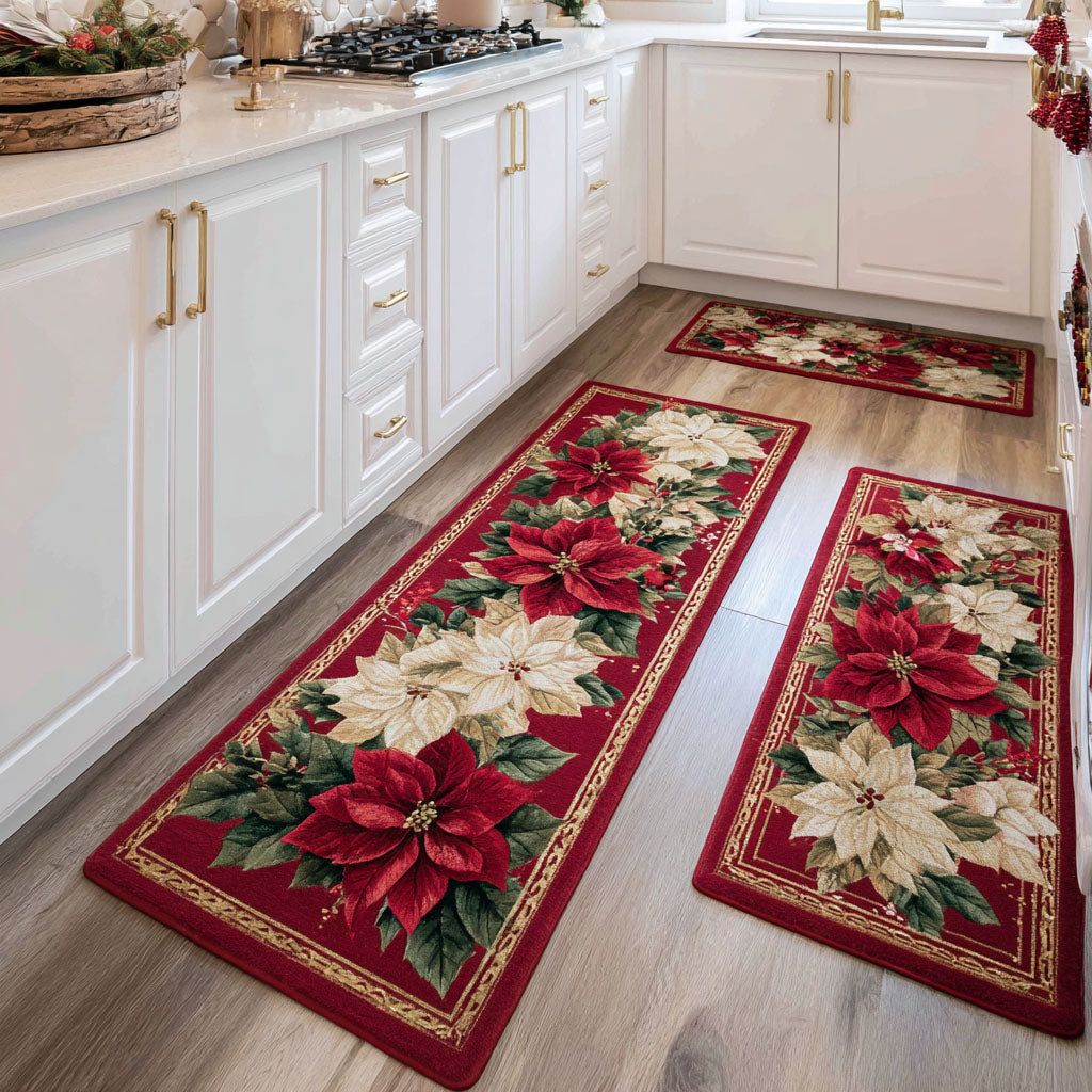 Elegant Winter Flowers Quilted Kitchen Mat Set