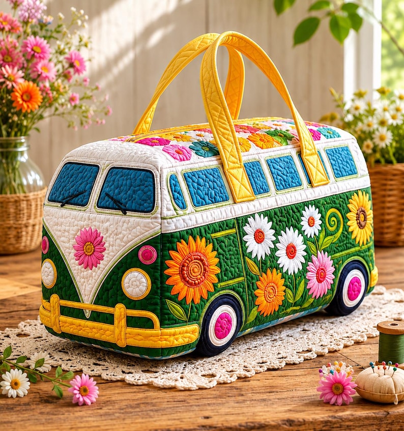 Sunflower Retro Bus Quilted Duffle Bag LD04