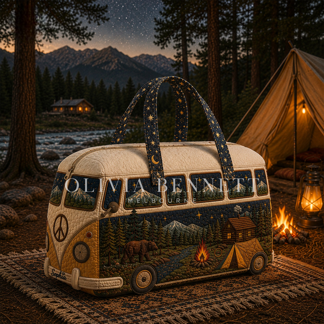 Mountain Night Campsite Quilted Duffle Bag