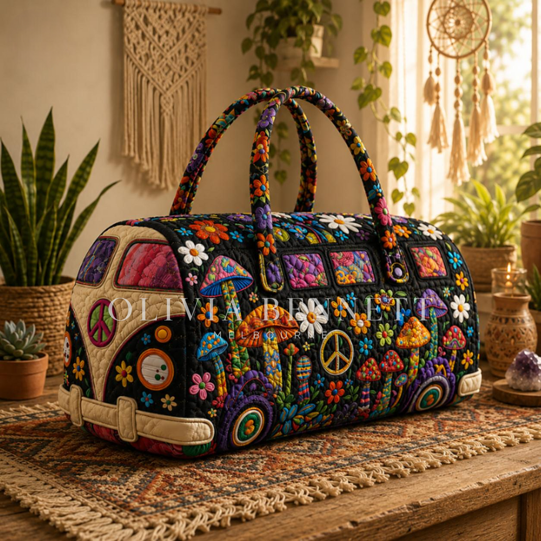 Boho Flowers & Mushrooms Quilted Duffle Bag