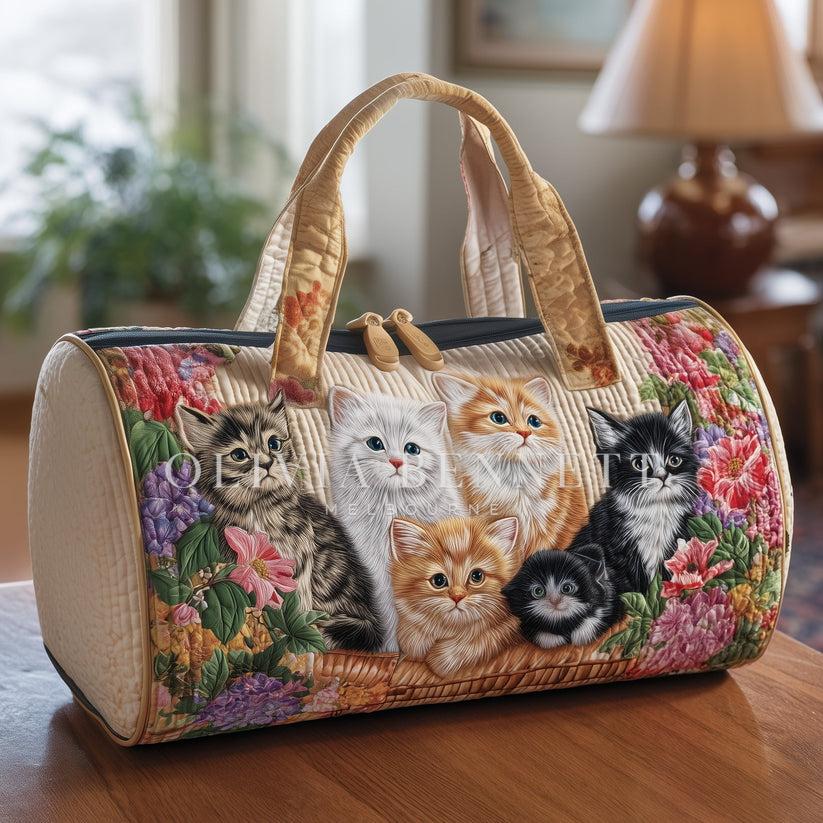 Floral Cat Gathering Quilted Duffle Bag